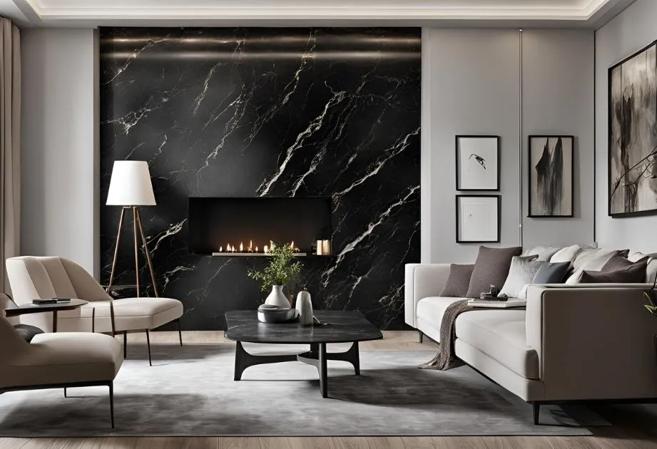 A modern living room featuring Argos Black Breccia Marble Effect Wall Panels with a matte finish. The panels are installed behind a sleek fireplace, creating a striking contrast with the light grey walls. The room is furnished with a beige sofa, matching armchair, and a black coffee table. Decor includes a floor lamp, framed artwork on the walls, and minimalistic tabletop accessories. The overall aesthetic is elegant and contemporary.