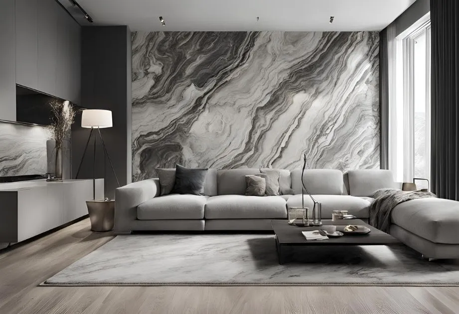 A modern living room with a large gray sectional sofa, a black coffee table, and a striking marble-patterned accent wall. The room features a floor lamp, a rug that matches the marble pattern, and large windows with gray curtains.