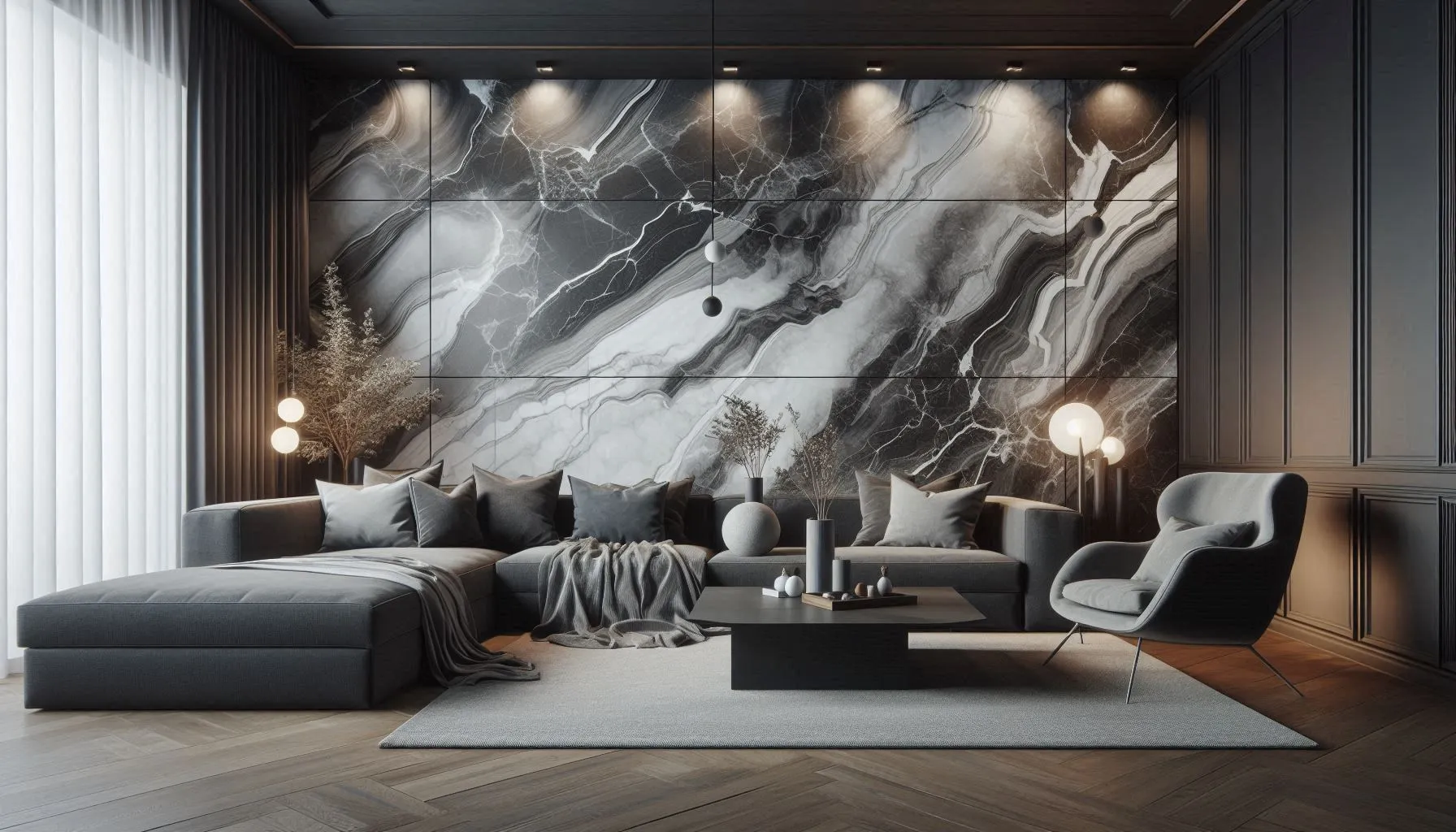 The image displays a modern living room with a prominent wall featuring “Avalanche Marble Effect Wall Panels” in a matte finish. The panels have a dynamic black and white marble pattern that creates an elegant focal point in the room. The furniture includes a gray sectional sofa, matching armchair, and a central coffee table surrounded by decorative items and plants. Two spherical floor lamps provide ambient lighting. The room is completed with dark wood paneling on the adjacent walls and a light wooden floor that contrasts with the marble effect.