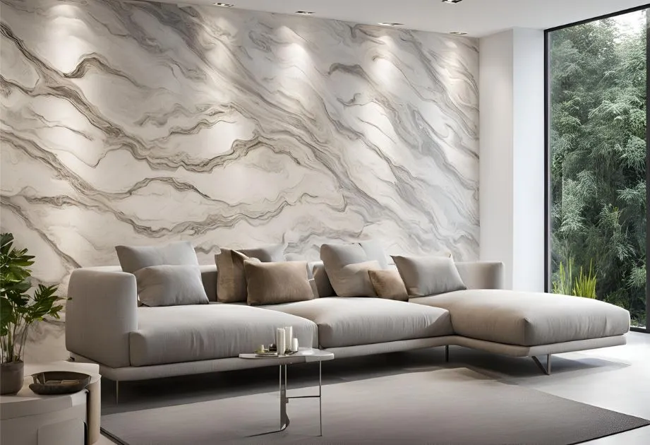 A modern living room featuring Avalanche Marble Effect Wall Panels with a matte finish. The wall panels display a dynamic white and grey marble pattern with flowing veins, creating an elegant focal point in the space. In front of the marble wall is a minimalist light grey sectional sofa adorned with matching cushions. A small, round coffee table with a few decorative items is placed on a dark area rug in the center of the room. The room has a large floor-to-ceiling window on one side, allowing natural light to enhance the marble’s visual texture.