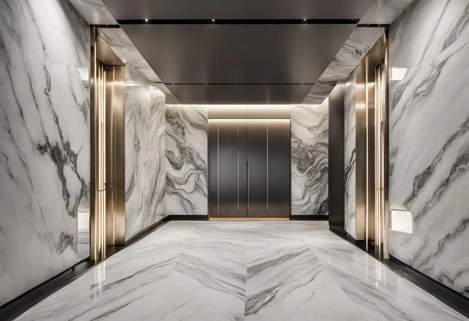 Stunning marble elevator in a hotel that highlights sophisticated architecture and a welcoming atmosphere for guests.