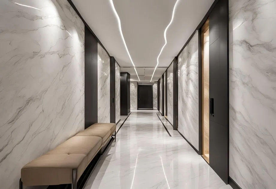 A modern, well-lit hallway with marble walls and floors, featuring a beige bench on the left side and black door frames along the walls. The ceiling has a unique, wavy light design.