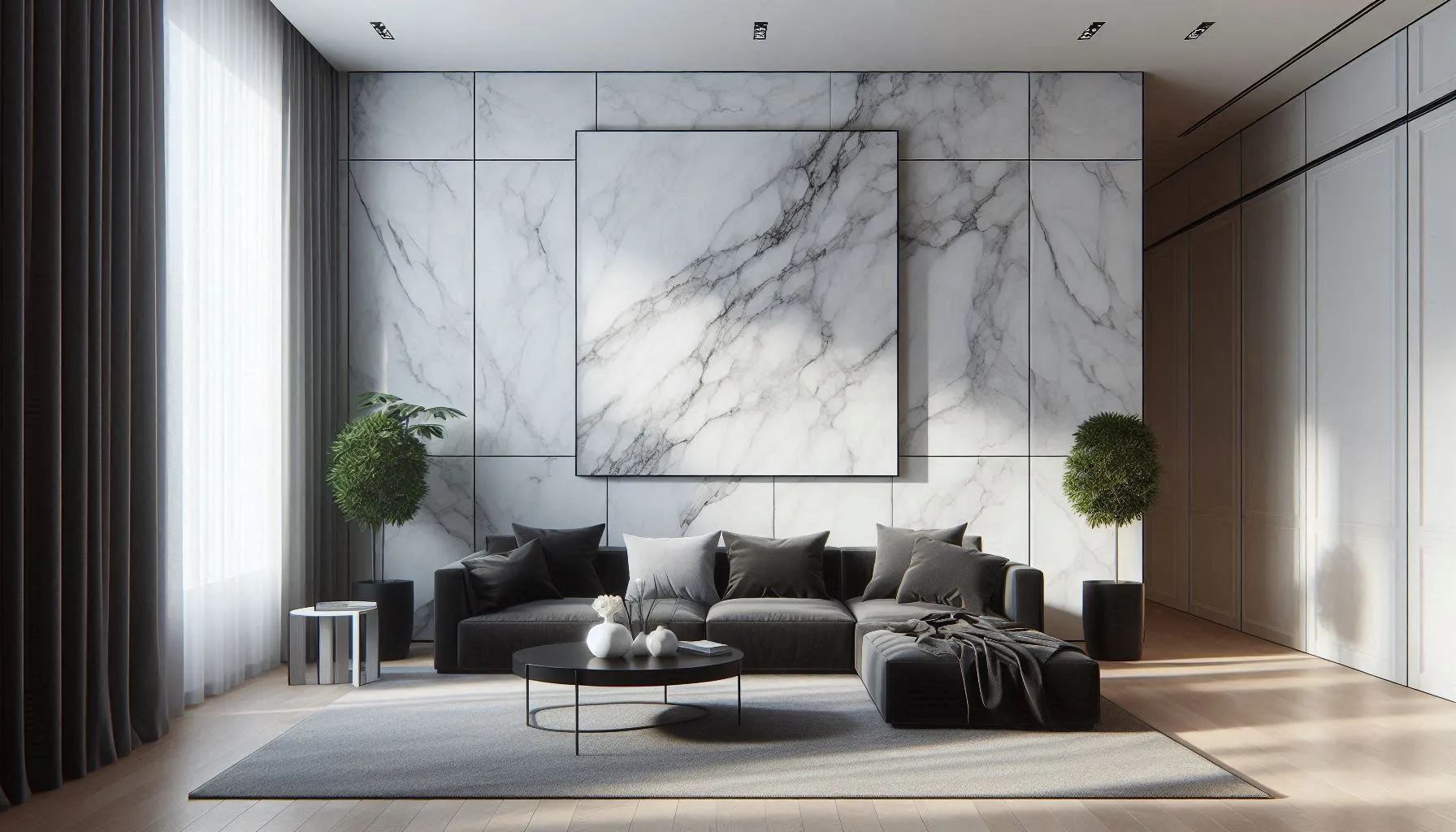 The image displays an interior room with a modern design, featuring Blanco Macael Marble Effect Wall Panels with a matte finish. The walls are adorned with large panels that mimic the natural veining of marble in shades of white and grey. In the center of the room is a dark-colored sectional sofa facing a glass coffee table with decorative items on top. Above the sofa hangs a framed piece of art that matches the marble effect of the walls. The room has wooden flooring, and two potted plants add a touch of greenery to the space. Natural light streams in through tall windows, creating a bright and airy atmosphere.