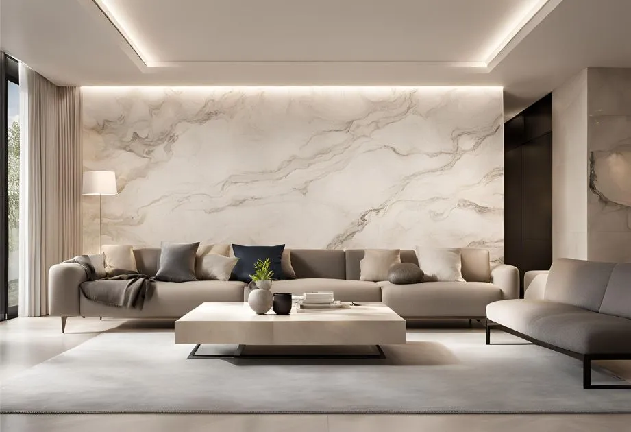 A modern living room featuring Macael Blanco Marble Effect Wall Panels, Matte. The expansive wall behind the beige sofa set showcases the elegant marble design with subtle gray veining, contributing to a luxurious and serene atmosphere. The room is well-lit, with recessed ceiling lights and a stylish floor lamp to the left. A low-profile white coffee table sits in the center, surrounded by the sofa and two chaise lounges, all adorned with coordinating gray cushions. A single green plant adds a touch of color to the neutral palette of the room.