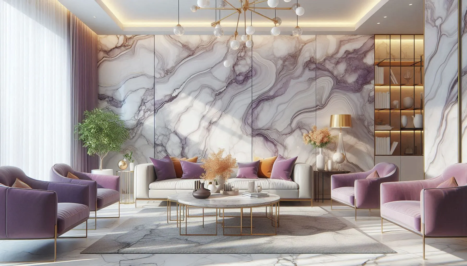 The image displays an elegant interior space featuring Calacatta Viola Marble Effect Wall Panels with a matte finish. The room is spacious and well-lit, with natural light streaming in from large windows. The wall panels have a distinctive white and violet marble pattern that adds a luxurious touch to the decor. Furnished with stylish purple armchairs, a gray sofa, and a modern coffee table with gold accents, the space exudes sophistication. Decorative elements include potted green plants, golden shelving units with books and ornaments, and an artistic chandelier overhead.