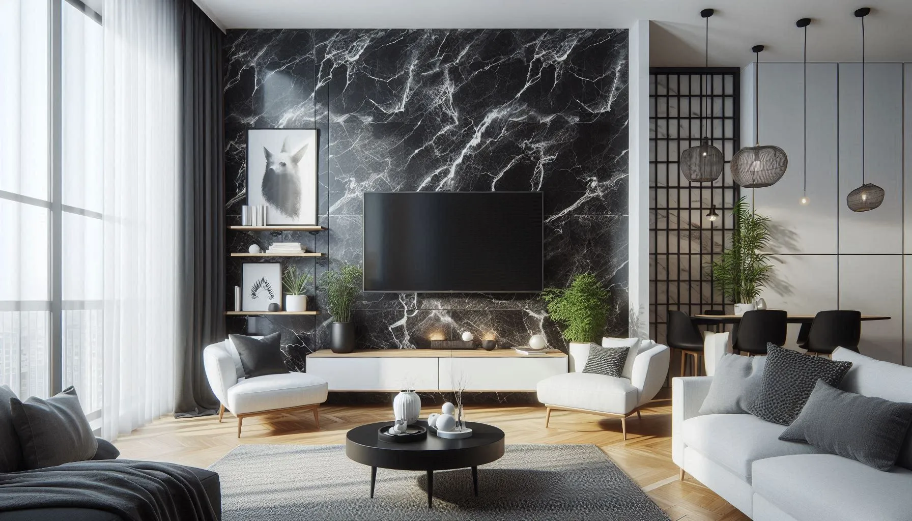 The image displays an elegant living room featuring Noir Saint Laurent Marble Effect Wall Panels with a matte finish. The wall panels exhibit a striking black color with prominent white veining, creating a luxurious marble effect. They serve as the backdrop for a sleek flat-screen television and are flanked by white shelving units filled with various decorative items and books. Below the television, there is a modern, elongated fireplace adding warmth to the space. The room is furnished with contemporary pieces including white sofas, armchairs, and a round coffee table at the center over a gray area rug. Large windows draped with sheer curtains allow natural light to complement the indoor plants placed around the room, enhancing the overall sophisticated and tranquil ambiance.