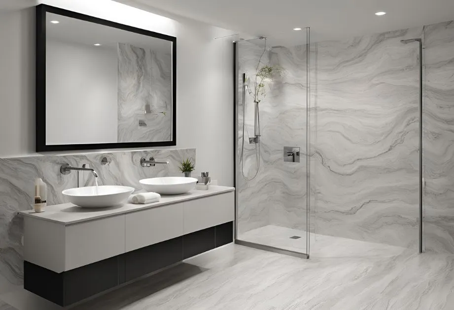 A modern bathroom with a large mirror, double sinks, and a glass-enclosed shower. The walls and floor have a marble-like pattern, and the space is well-lit with recessed lighting.