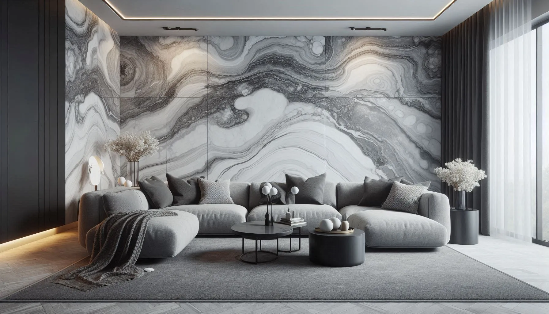 This image features an elegant interior space with walls adorned in Viscount White Granite Effect Wall Panels, Matte. The panels exhibit a swirling pattern of white and grey, mimicking natural stone with a luxurious finish. The room is furnished with a large, curved grey sectional sofa centered around a circular black coffee table. Above, recessed lighting accents the smooth ceiling, while on the right side, floor-to-ceiling curtains add softness to the room’s modern aesthetic. Decorative elements include spherical pillows on the sofa and delicate dried flowers in a vase.