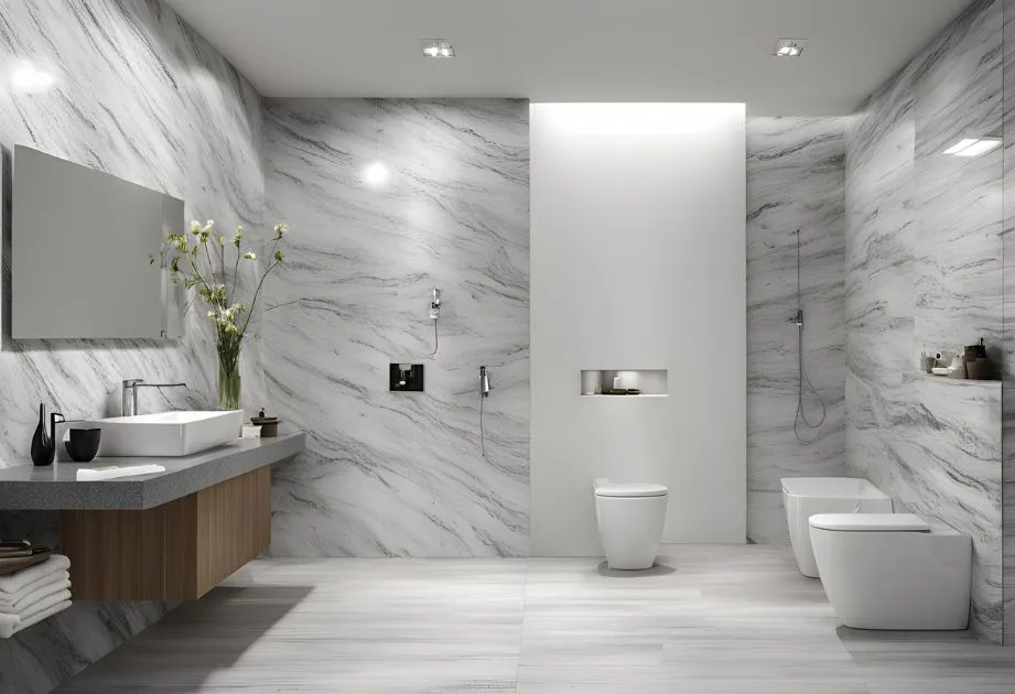 A modern bathroom featuring Viscount White Granite Effect Wall Panels, Matte. The walls and floor display a sleek white marble pattern, providing an elegant and clean look. The room includes a wooden vanity with a black countertop and vessel sink, a large mirror, wall-mounted faucet, two white toilets, and a walk-in shower area with glass partition. A bouquet of flowers adds a touch of nature to the space.