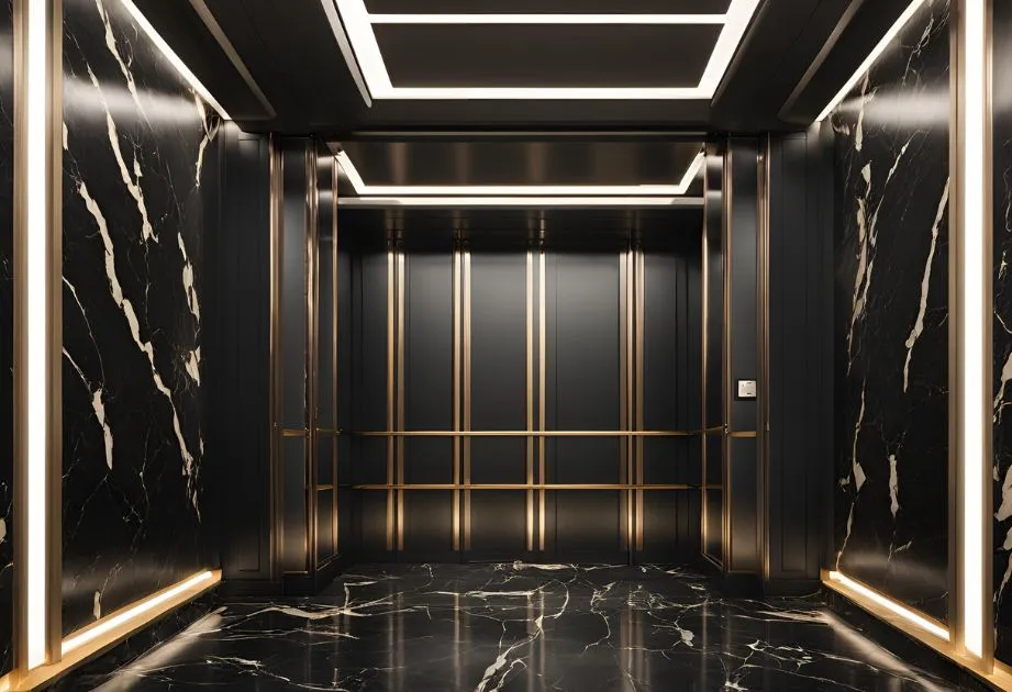 An elegant elevator featuring black marble walls adorned with luxurious gold accents.