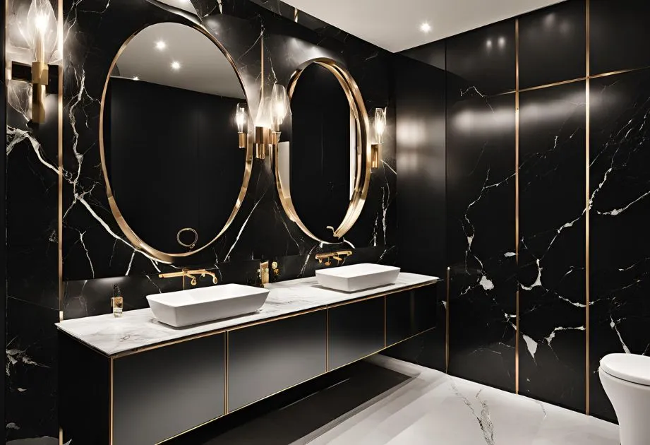 A luxurious bathroom with black marble walls and gold accents. The bathroom features two large oval mirrors with gold frames, two white rectangular sinks on a white marble countertop, and gold faucets. There are modern wall sconces with glass shades on either side of the mirrors. The floor is white marble with black veining, and the overall design is elegant and sophisticated.