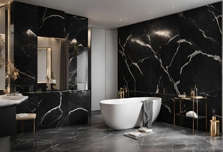 The image showcases a luxurious and modern bathroom with a sophisticated design. The walls and floor are made of black marble with striking white veining. A large, freestanding white bathtub is positioned in the center, with a gray towel draped over its edge. On the right side, there's a small table with gold accents, holding various bathroom essentials such as bottles and towels. To the left, a vanity area features a large mirror, black marble countertop, and a stool. The lighting is soft and warm, enhancing the elegant ambiance of the space.