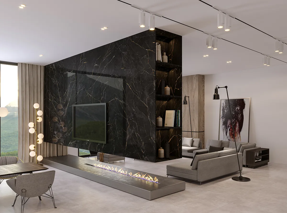 Detail of living room with Noir Saint Laurent marble effect panels, showcasing dark tones and dramatic effect