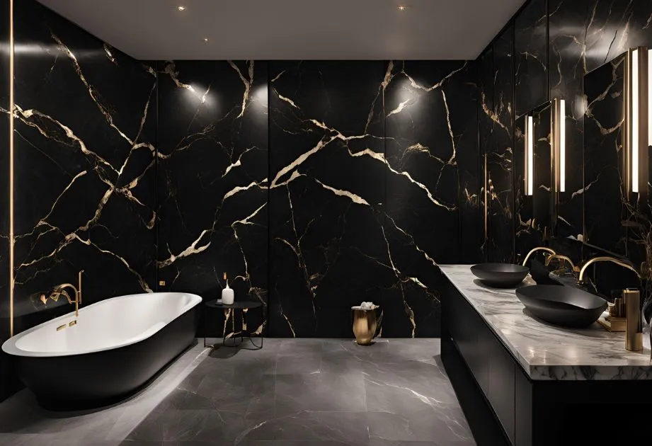 A luxurious bathroom with black marble walls featuring gold veining, a black and white freestanding bathtub with gold fixtures, a double sink vanity with black vessel sinks and marble countertops, and modern lighting fixtures.