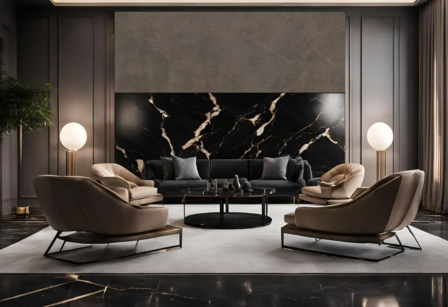 A contemporary living room featuring sleek black marble walls and elegant black furniture, exuding sophistication and style.