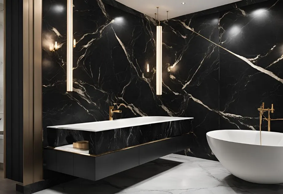 A luxurious bathroom with black marble walls featuring white veins, a floating black vanity with a white countertop, a modern white freestanding bathtub, and gold fixtures. The room is illuminated by sleek vertical pendant lights and wall sconces.