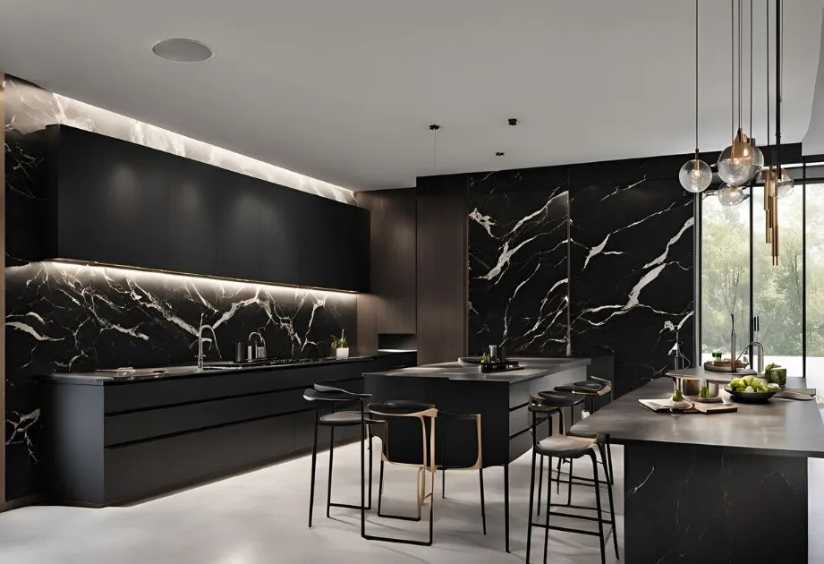 Elegant kitchen design in black and gold, with modern furniture and sophisticated details that enhance the atmosphere.