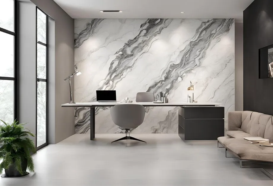 A modern office space featuring Avalanche Marble Effect Wall Panels, Matte. The panels display a dynamic white and grey marbling pattern that creates an elegant backdrop for the room. The office includes a sleek, white desk with a desktop computer, a round swivel chair, and a minimalist black sofa set against the textured wall. Large windows allow natural light to illuminate the space, enhancing the sophisticated ambiance created by the marble effect.