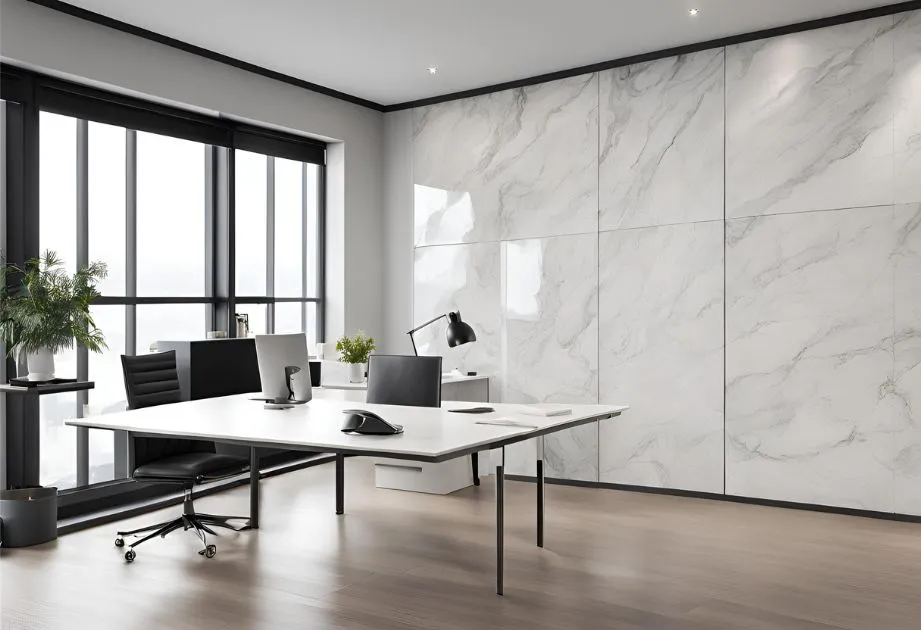 The image displays an office space with a modern aesthetic, featuring Blanco Macael Marble Effect Wall Panels with a matte finish. The panels have a white base with gray veining, creating an elegant marble look. The room includes a large window providing ample natural light, black-framed transparent panes, and a sleek white desk at the center. On the desk are two computer monitors, a keyboard, mouse, and various office supplies like notepads and pens. A rolling office chair is positioned in front of the desk. To the left of the image is a potted plant adding a touch of greenery to the space.