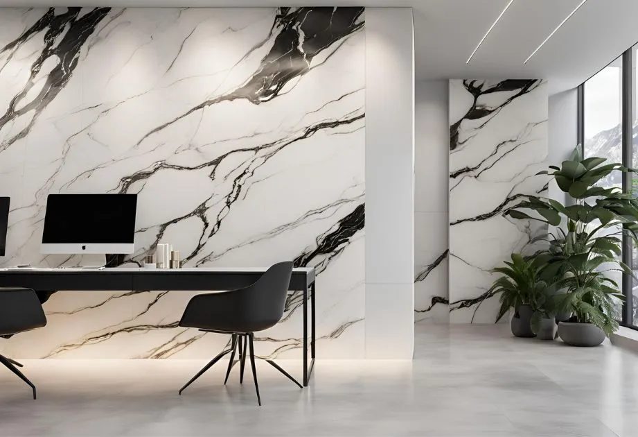 A modern office space featuring Alpine White Granite Effect Wall Panels with a High Gloss finish. The room has a sleek design with curved white walls and ceiling, accented by embedded lighting that creates a soft glow. The focal point is the large wall panel with a dynamic granite pattern, adding an elegant and luxurious touch to the room. In the center, there is a meeting area with a white table surrounded by black office chairs on wheels. To the left, there are two white desk lamps on small tables, complementing the minimalist aesthetic. A mounted flat-screen TV displays an abstract blue image, contributing to the contemporary feel of the space.