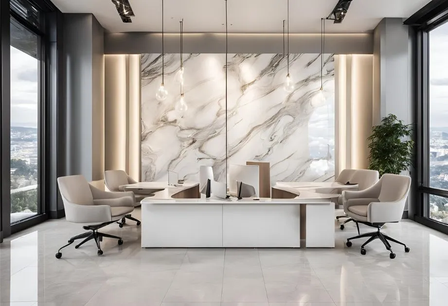 An elegant and modern office space featuring Capraia Bianco Marble Effect Wall Panels with a High Gloss finish. The walls are adorned with large panels that mimic the luxurious look of white marble with prominent gray veining, providing a sophisticated backdrop to the room. In the center, there is a sleek white desk surrounded by four plush chairs on wheels, suggesting a collaborative workspace. Above the desk hang two linear pendant lights, adding to the contemporary feel of the office. The floor mirrors the wall’s marble effect, creating a cohesive and high-end aesthetic. Large windows offer an expansive view and natural light, enhancing the bright and airy ambiance of this stylish interior.