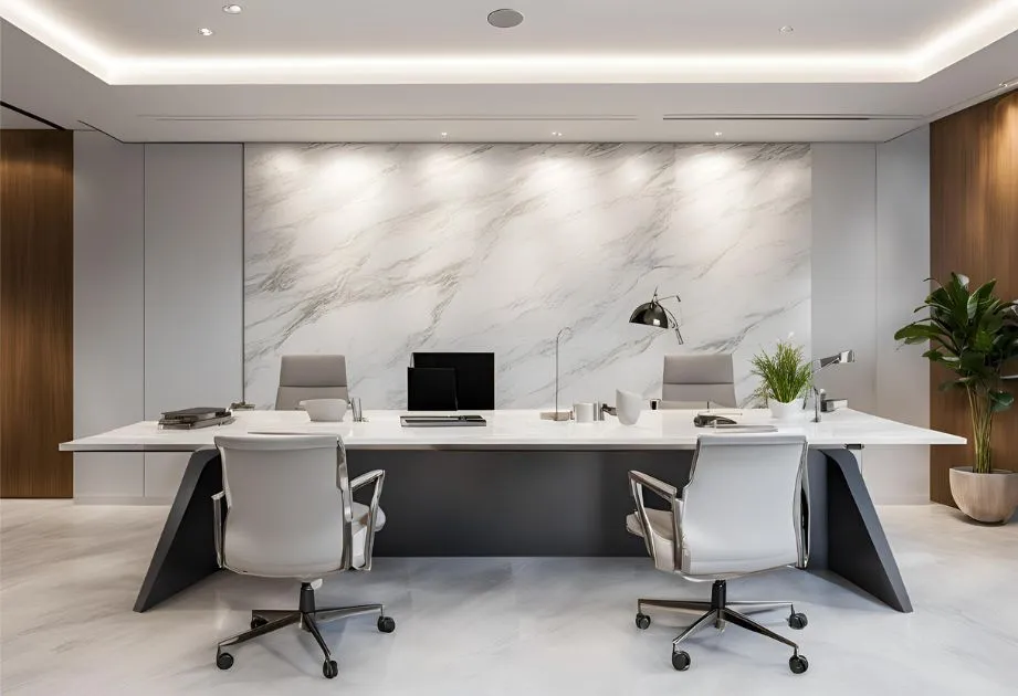 A modern office space featuring Carrara Marble Effect Wall Panels with a High Gloss finish. The room has a large desk in the center with two computers and several chairs around it, all resting on a floor that matches the marble effect of the walls. There are potted plants adding a touch of greenery to the space, and recessed ceiling lights provide illumination.