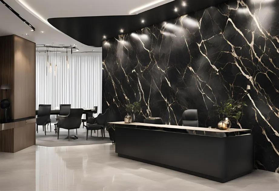 The image features an elegant interior space with Noir Saint Laurent Marble Effect Wall Panels, Matte finish. The wall panels exhibit a rich black color with striking white and gold veining, creating a luxurious marble effect. This wall serves as a backdrop to a sleek reception area that includes a glossy black front desk adorned with decorative elements such as plants and spherical golden objects. Above the desk, recessed lighting adds ambiance to the space. The room is furnished with contemporary black chairs arranged around tables, enhancing the modern aesthetic. In the background, there’s a seating area by large windows draped with sheer curtains that allow natural light to filter in, contrasting the dark tones of the marble effect panels.