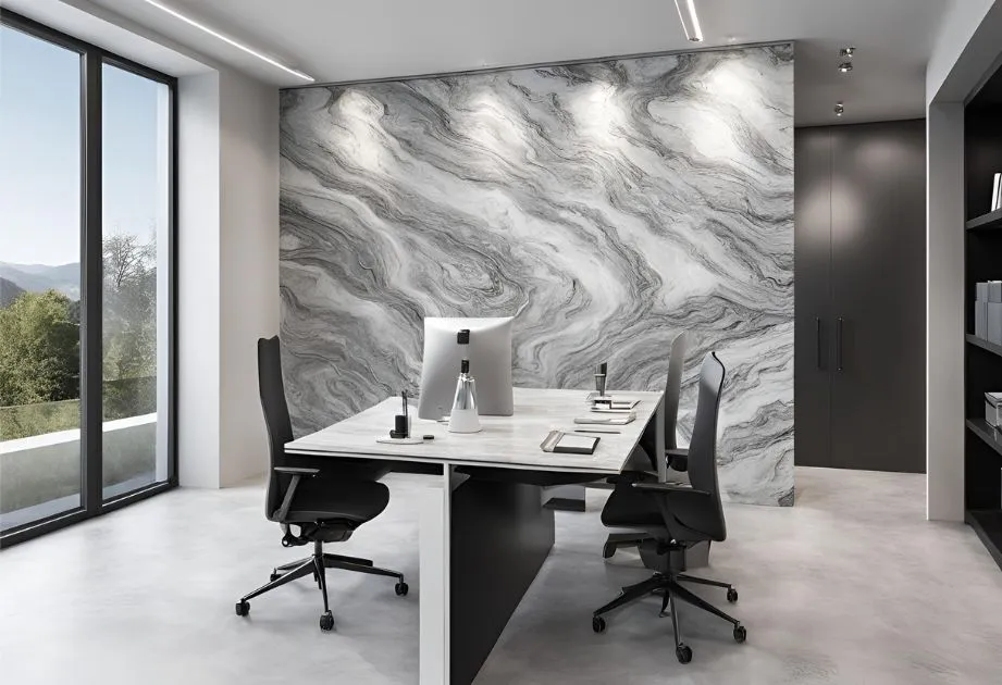 A modern office space featuring Viscount White Granite Effect Wall Panels with a matte finish. The panels have a swirling grey and white pattern that resembles natural stone, creating an elegant backdrop for the sleek, rectangular office table in the center. The table is accompanied by two black office chairs and is adorned with a desktop computer, some documents, and pens. Large windows allow ample natural light to enter the room, highlighting the wall panels’ texture and color variation.