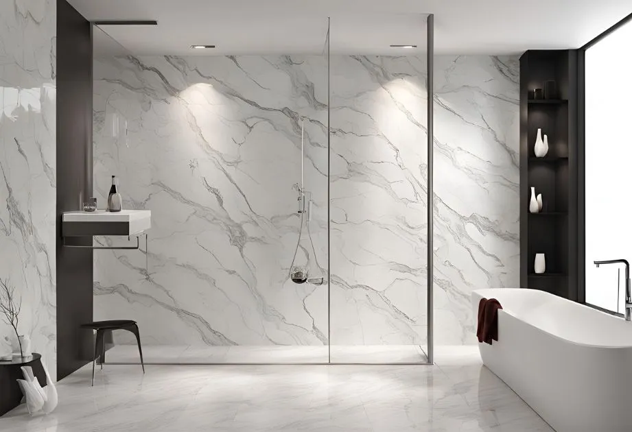 Elegant high gloss wall panels featuring a stunning Capraia Bianco marble effect, perfect for adding a touch of luxury to any bathroom or shower space.