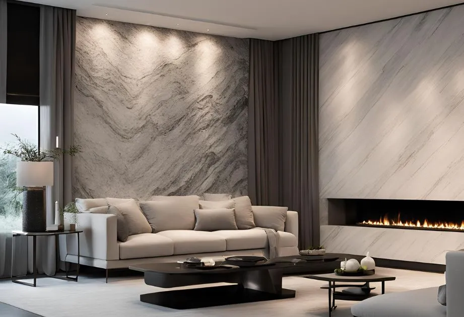 Contemporary living space, adorned with marble walls and a fireplace that adds warmth and style.