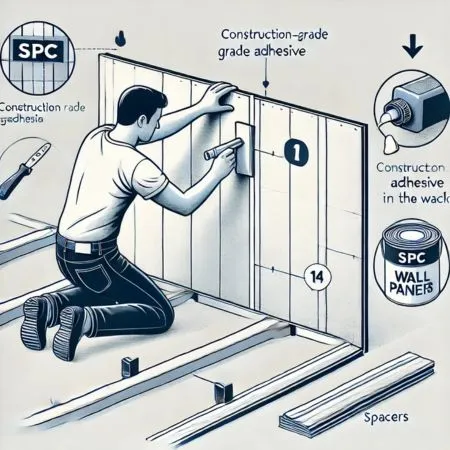 An instructional illustration for installing SPC wall panels, showing a person applying construction-grade adhesive to the back of a panel and pressing it onto the wall. Spacers are used to ensure even gaps.