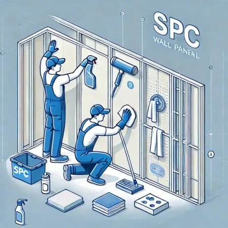 An instructional illustration for installing SPC wall panels, showing a person cleaning the wall surface with a cloth and cleaning supplies. The wall appears spotless and ready for installation, emphasizing cleanliness and preparation.