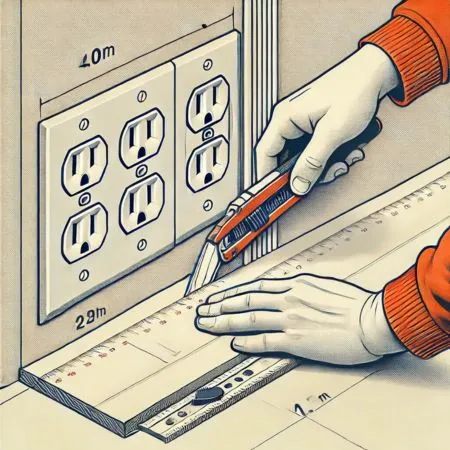 An instructional illustration for installing SPC wall panels, showing a person using a utility knife to cut an SPC panel to fit around an outlet. A ruler is used for precise measurements, emphasizing accuracy in cutting.