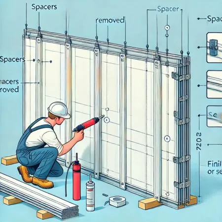 An instructional illustration for installing SPC wall panels, showing a completed wall with spacers removed and a person inspecting the alignment. Final touches with caulk or sealant are being applied to the seams.