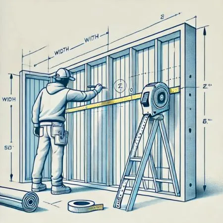 An instructional illustration for installing SPC wall panels, showing a person finding the center of the wall by measuring width and height with a measuring tape. The center is marked with a pencil, ready for panel alignment.