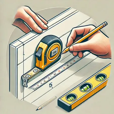 An instructional illustration for installing SPC wall panels, showing a clean wall surface with a measuring tape being used to measure dimensions accurately. A level and a pencil are placed nearby, indicating precise measurements for wall panel installation.