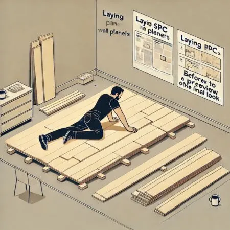 An instructional illustration for installing SPC wall panels, showing a person laying SPC panels on the floor in the desired arrangement before attaching them to the wall. This ensures a preview of the final look.