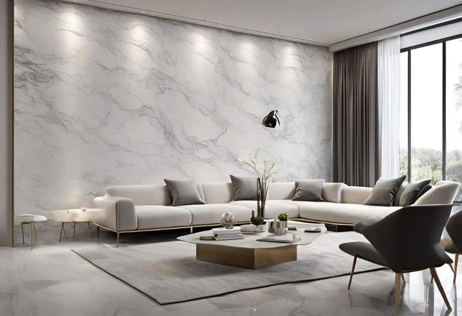 A modern living room with a large white sectional sofa, gray and white pillows, a marble-patterned accent wall, a low rectangular coffee table with decorative items, a gray armchair, and a large window with gray curtains. The room has a minimalist design with a neutral color palette and ample natural light.