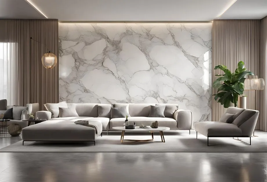 A modern living room featuring Carrara Marble Effect Wall Panels – High Gloss. The room has a large L-shaped light grey sofa with matching armchairs and a low wooden coffee table at the center. The floor is polished concrete, and the space is well-lit with natural light coming from off-camera, possibly through large windows. On the right, there’s a potted plant adding a touch of greenery. The marble effect on the walls gives the room an elegant and luxurious feel.