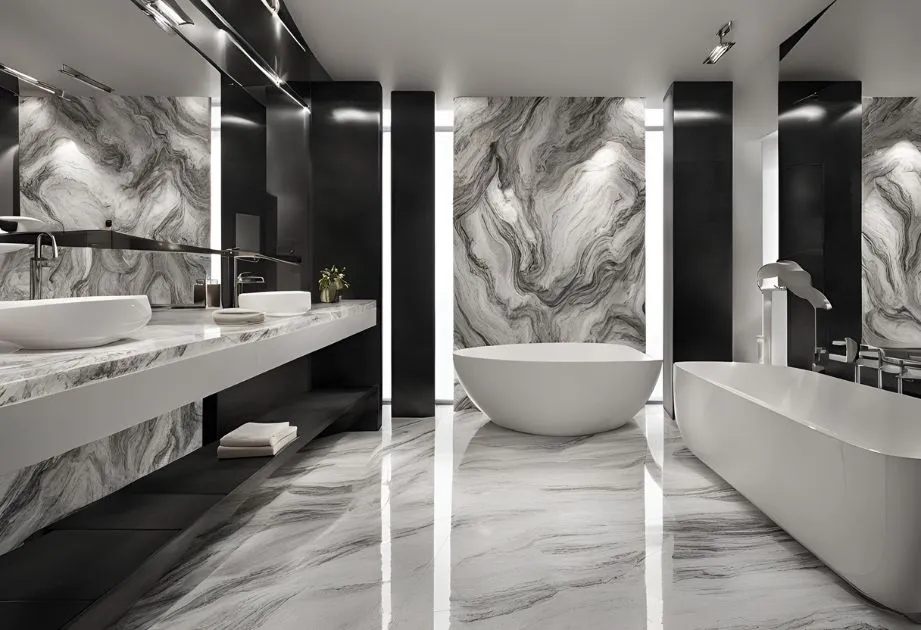 A modern bathroom with a luxurious design featuring marble walls and floors, a large freestanding bathtub, a long marble countertop with two vessel sinks, and sleek black accents.