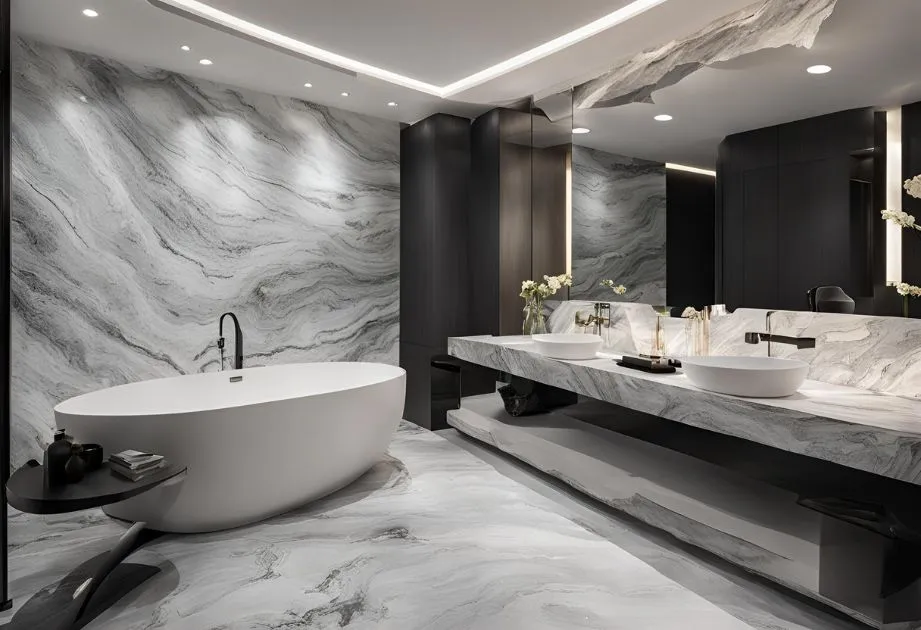 A modern bathroom with a luxurious design featuring a freestanding oval bathtub, a large marble countertop with two vessel sinks, and a large mirror. The walls and floor are covered in a gray and white marble pattern, and the room is illuminated by recessed lighting and a unique ceiling light feature. There are decorative elements such as vases and flowers on the countertop and a small side table next to the bathtub.