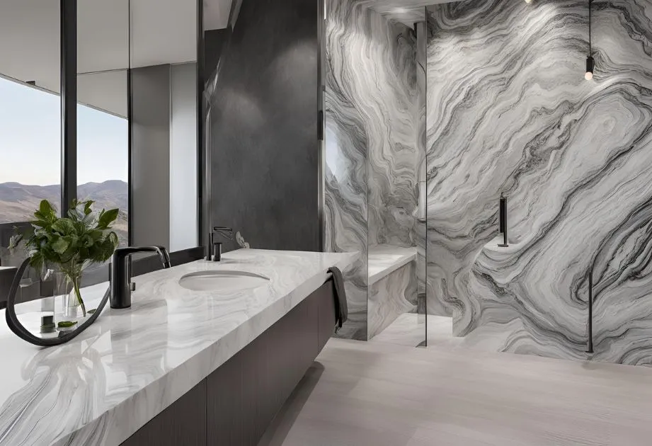 A modern bathroom with a large marble countertop, black fixtures, and a glass-enclosed shower. The walls and shower feature a striking gray and white marble pattern. There is a large window with a view of mountains in the background. A vase with green leaves is placed on the countertop.