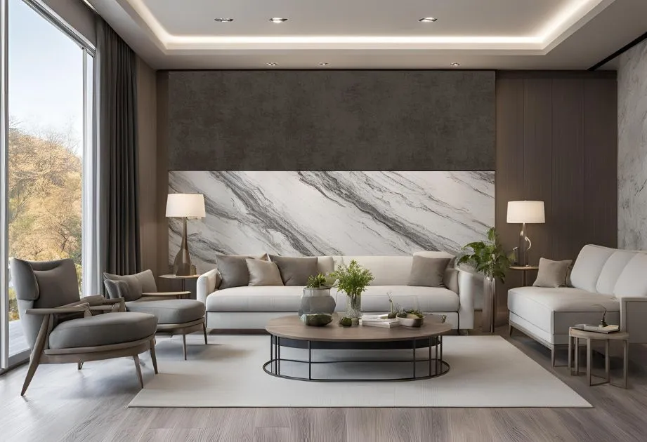 A contemporary living room featuring elegant marble walls and stylish furniture, showcasing a sophisticated design aesthetic.