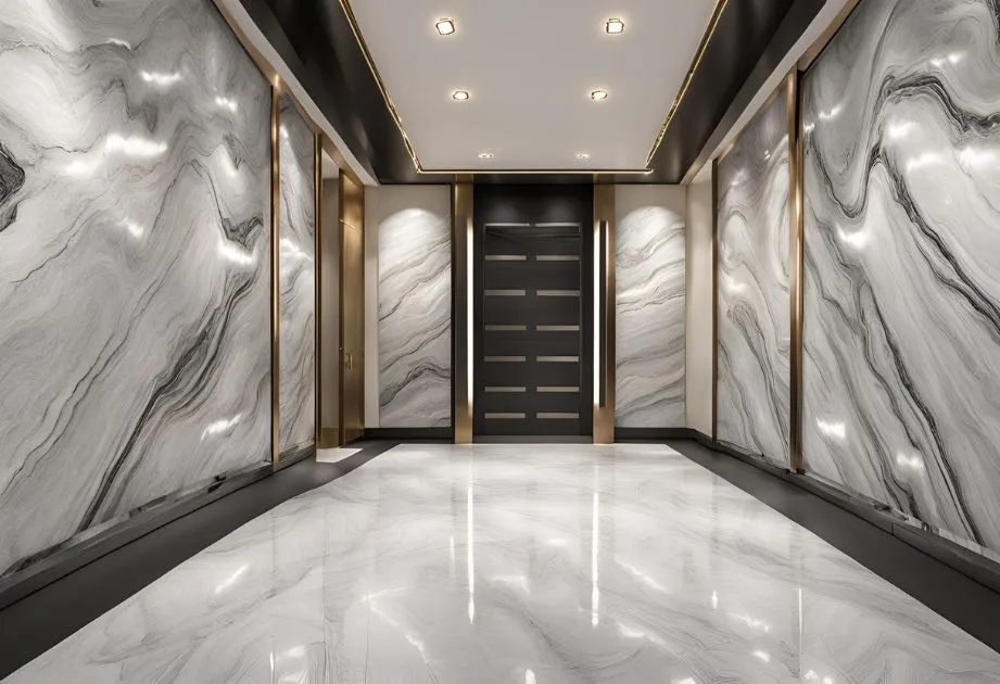 A luxurious hallway with polished marble floors and walls featuring intricate gray and white veining patterns. The hallway is illuminated by recessed ceiling lights and has gold accents around the door frames and wall panels. At the end of the hallway, there is a modern black door with horizontal slits.