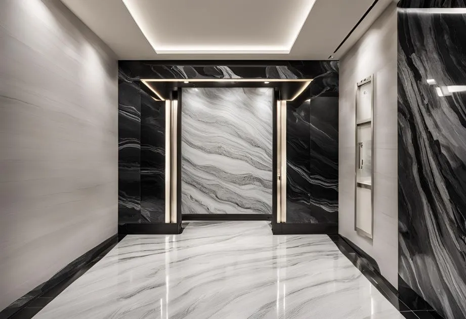 A elevador featuring elegant marble flooring and striking black and white walls, creating a sophisticated atmosphere.