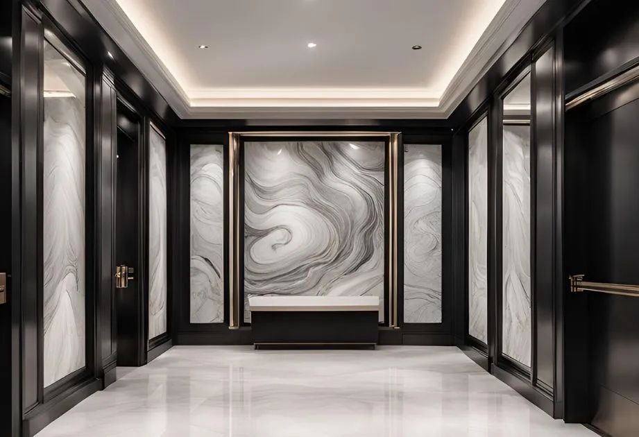 A luxurious elevator featuring elegant marble walls and sleek black doors, creating a sophisticated atmosphere.