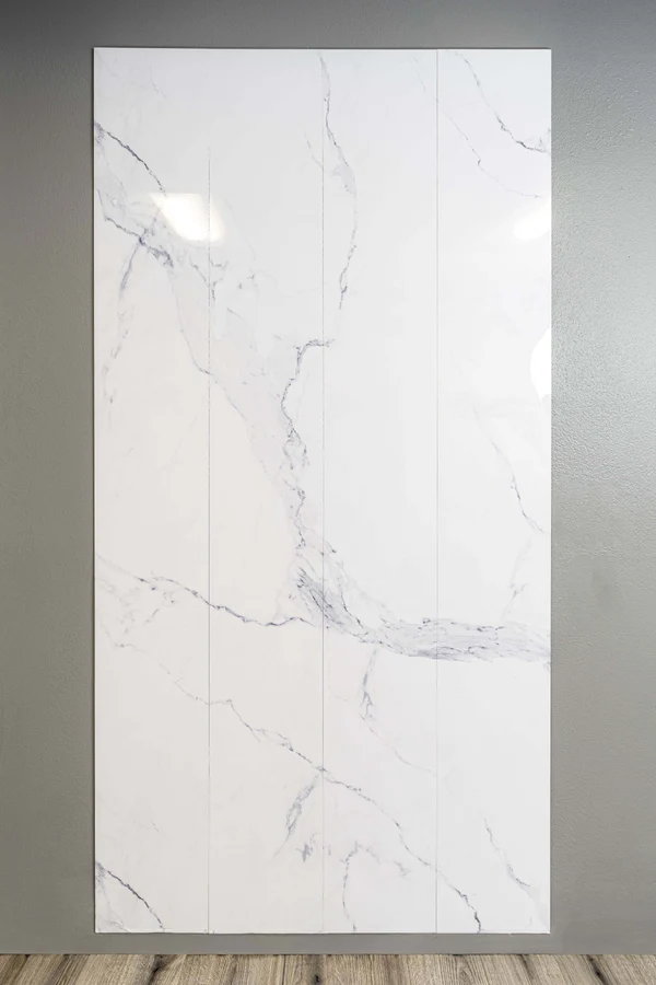 Carrara Marble Effect Wall Panels, High Gloss with white and gray veining.